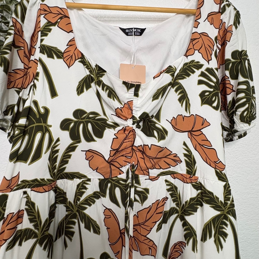 BloomChic Tropical Palm Leaf Midi Dress White Rust Green Plus Size 18-20 NEW - Picture 4 of 10